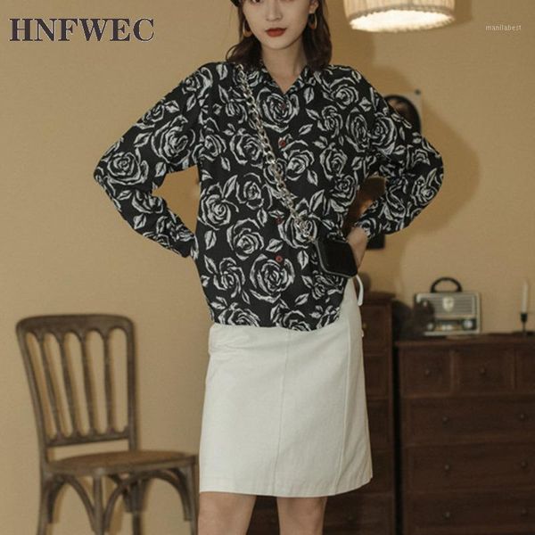 

vintage black rose print long sleeve shirt korean loose blouse collared vintage shirt spring clothes for women t6501, White