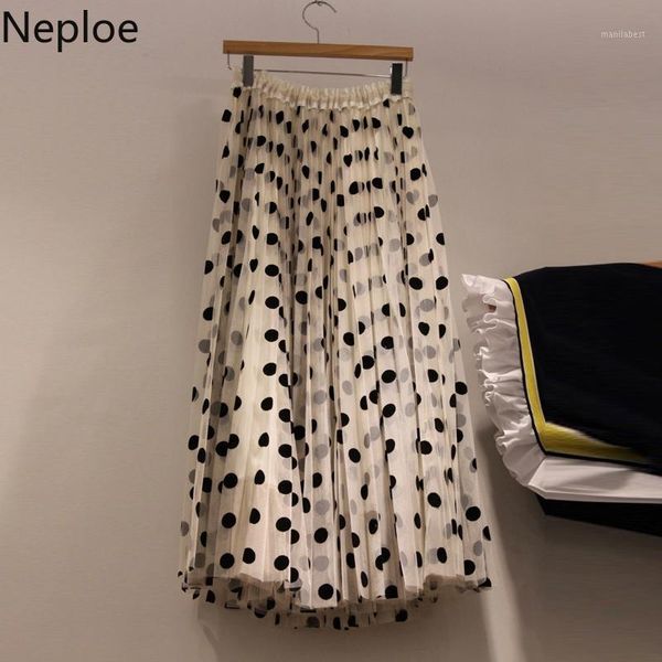 

neploe korean dot printed skirt women spring autumn a-line sweet midi mesh skirts female stretch high waist bottoms skirt 1a4621, Black