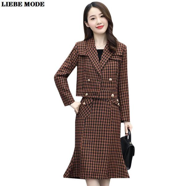 

women office suits elegant plaid double breasted cropped jacket coat and knee length skirt 2 piece skirt blazer set work outfit, White