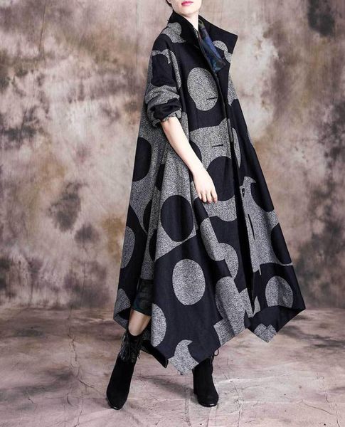 

autumn and winter women luxury long wool coat polka dot print ladies fashion warm overcoats casaco feminino d751, Black