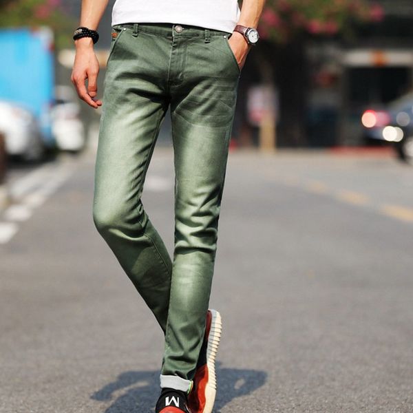 

skinny men fashion stretch casual biker green denim trousers slim fit black blue cowboy male jeans pants 201123