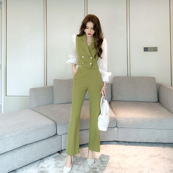 

women's tracksuits modis streetwear korean two piece set for womens patchwork green blazer coat and wide legging pants ladies 2 winter, Gray