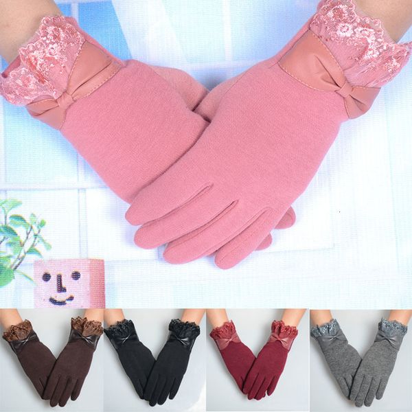 

fashion women girl bowknot lace mitten winter warm gloves solid color fashion lace winter warm touch screen gloves for women, Blue;gray