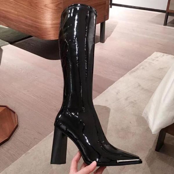 

2020 новый патент кожаные сапоги ботинки женщин черный колено высокой toe высокой motorcyle boots сексуальная женщина зимы осени square high, Black