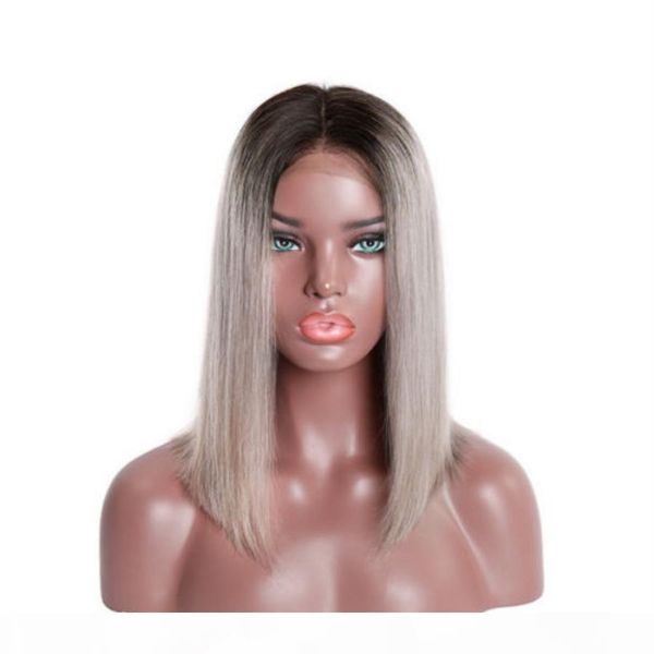 

gray ombre human hair wigs short bob wig straight lace front wig virgin peruvian remy hair full lace wig two tone black root, Black;brown