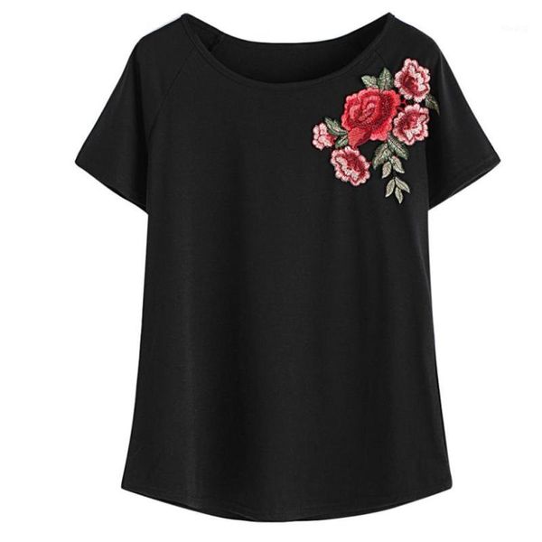 Женская футболка оптом - 2021 женские футболки мода топ летняя женская роза вышитая футболка с короткими рукавами Tops1