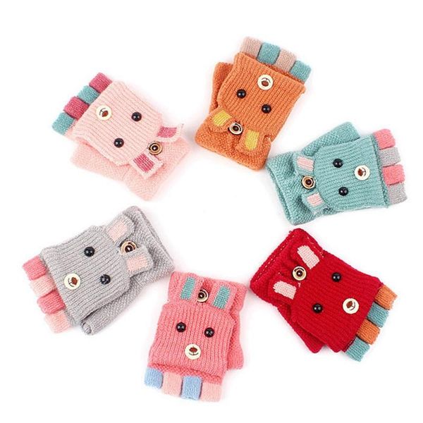 

winter children warm gloves 3-8 ears primary school cashmere knit flip half finger gloves cartoon mittens for boys girls, Blue;gray