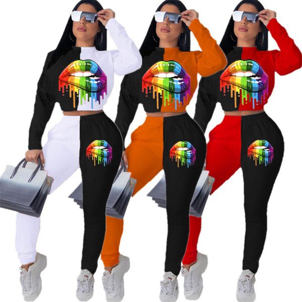 

женщины tracksuit плюс размер губы printed длинные рукава толстовка пуловер леггинсы лосины мода двухкусочный комплект обмундирования спорти, White