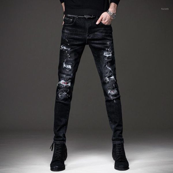 

new fashion male men's black jeans autumn brand black ripped jeans trend stretch patch casual denim pants trousers1, Blue