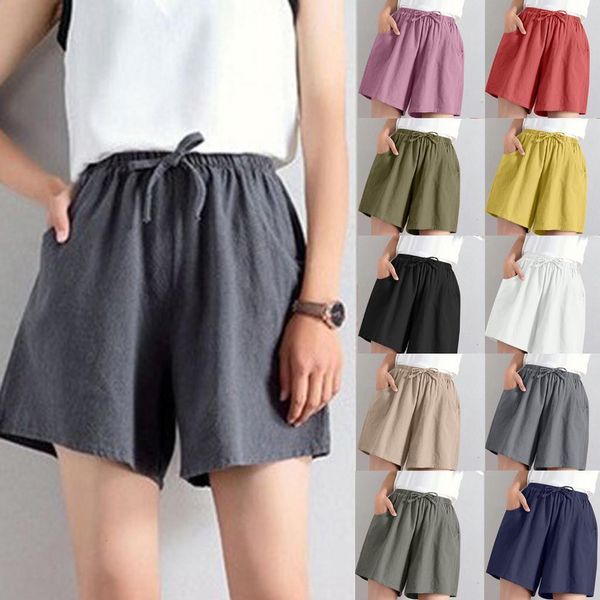 

25#women's shorts elasticated high waist linen loose casual thin wide leg linen shorts solid color simple soft summer short, White;black