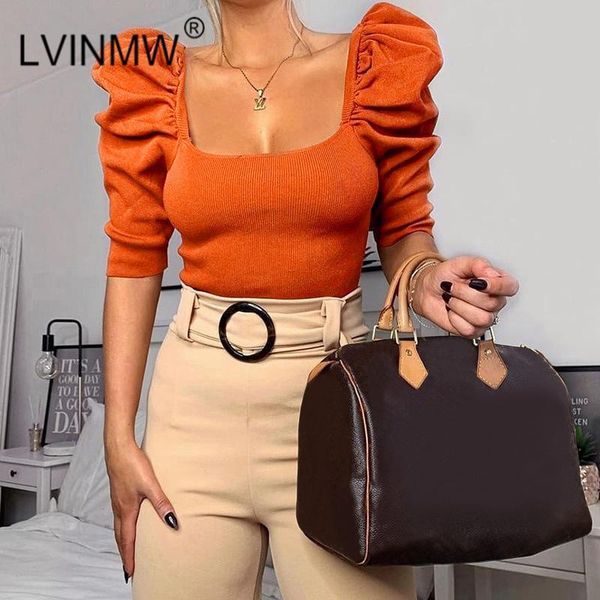 

lvinmw fashion knitting square collar puff sleeve skinny crop 2020 spring women half sleeve t shirt female streetwear, White