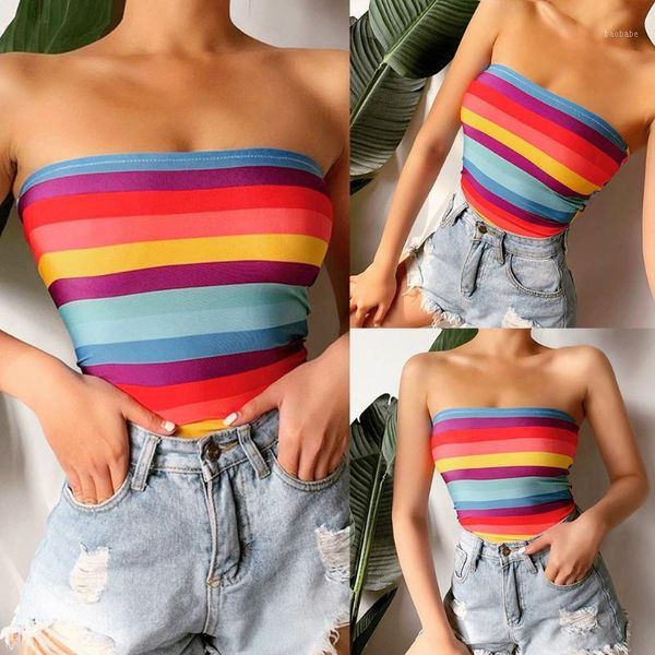 

tank fashion womens rainbow stripe vest off shoulder halter blusa shirt 2020 summer slim camisole shirt#q351, White