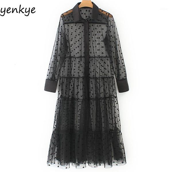 

fashion 2019 women polka dot tulle semi-sheer dress female turn-down collar long sleeve a-line long dress summer plus size1, Black;gray