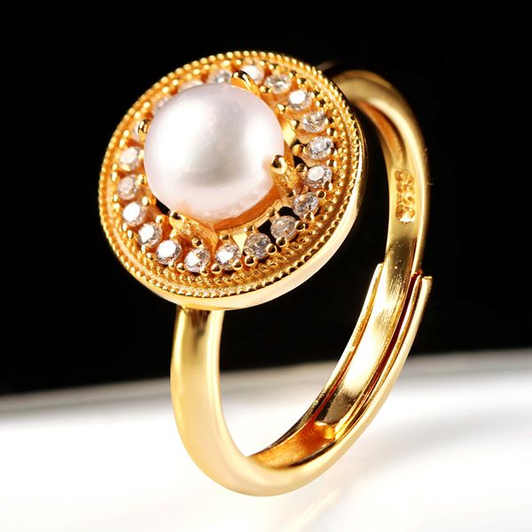 

925 silver inlaid pearl ring pearl women's ring steamed bread bead fashion trendy ring, Golden;silver