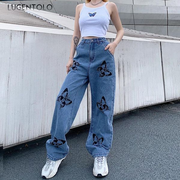 

lugentolo high waist jeans waman butterfly print straight tube leisure loose button full length medium pants1, Blue