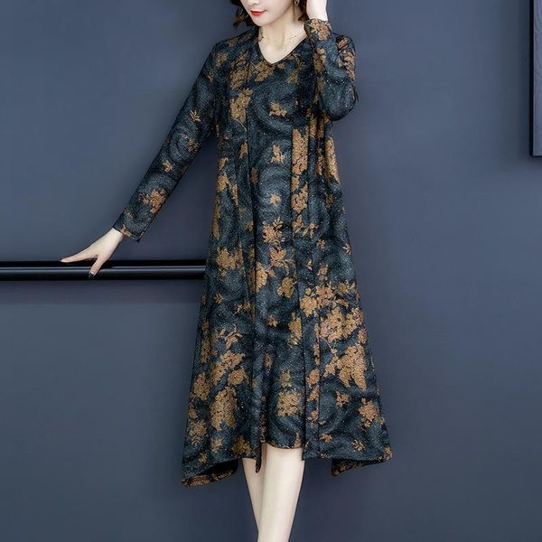 

casual dresses woman mother elegant dress 2 pieces sets open stitch + v neck short sleeve vintage print outfit plus size 5xl ladies suits, Black;gray