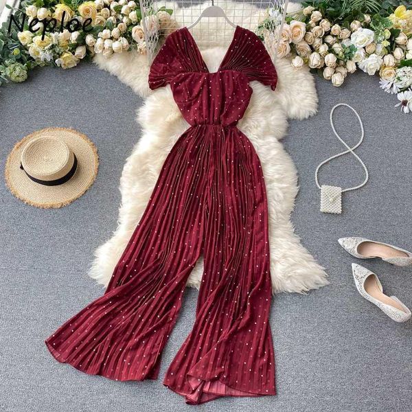 

neploe 2020 summer ladies casual jumpsuit polka dot short sleeve high waist playsuits women pleated fashion romper overalls1, Black;white