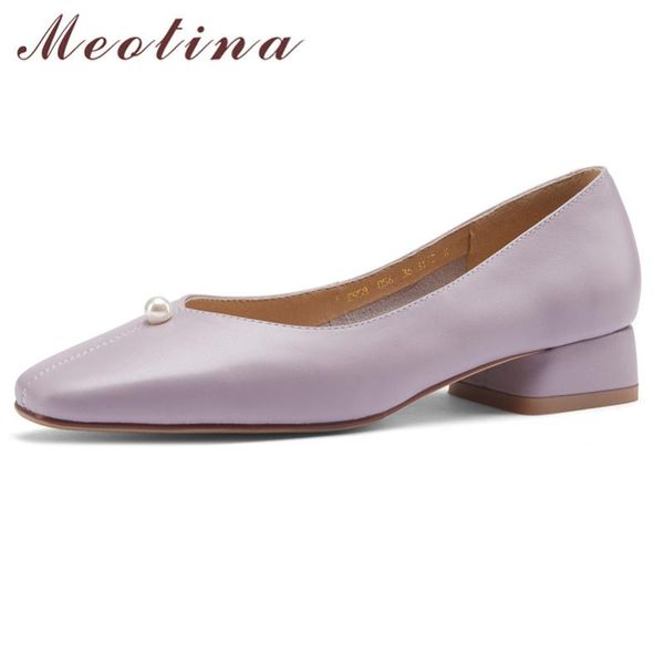 

meotina cow leather low heel pumps pearl square toe glove shoes women shallow slip on footwear ladies block heels shoes 33-40, Black