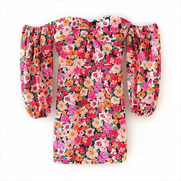 

2021 new women holiday wind floral printing slim mini dress off shoulder puff sleeve vestidos back elastic dresses ds3504, Black;gray