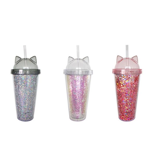 

juice wine glass cat ear flashing double layer cup kids baby cartoon cute creative sequins plastic tumbler with straws 228 g2