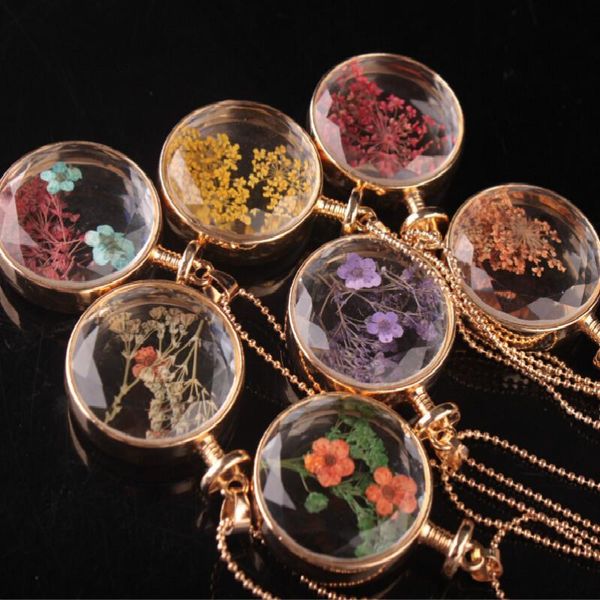 

2020 fashion perfume bottle clear glass pendant necklace handmade true dried flower charm gold chain women jewelry necklace, Silver