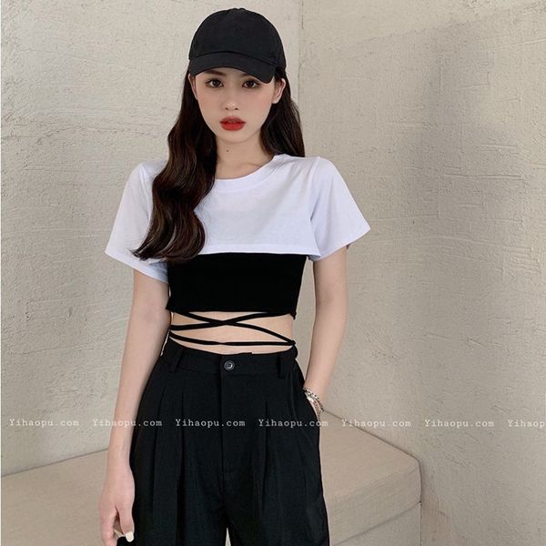 

2020 summer new model machine exposed navel bandage vest + design sense short sleeve t-shirt two piece fashion for women