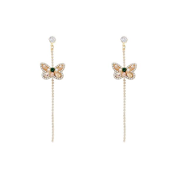 

korean version s925 silver needle advanced butterfly earrings female personality long tassel earrings versatile zircon earrings, Golden;silver