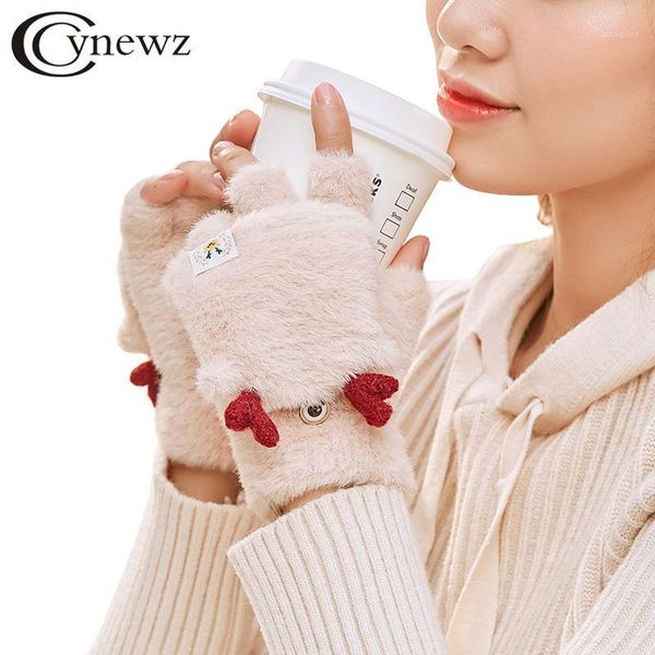 

five fingers gloves winter women fingerless keep warm soft wool cute lady mittens christmas deer fashion female flip cover half finger glove, Blue;gray