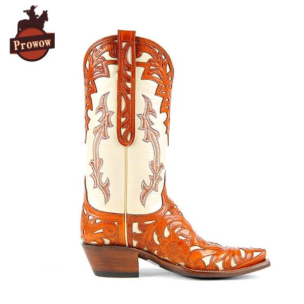 

prowow women western cowboy boots genuine leather designer handmade fretwork patchwork high heels corral mid-calf ladies boots, Black