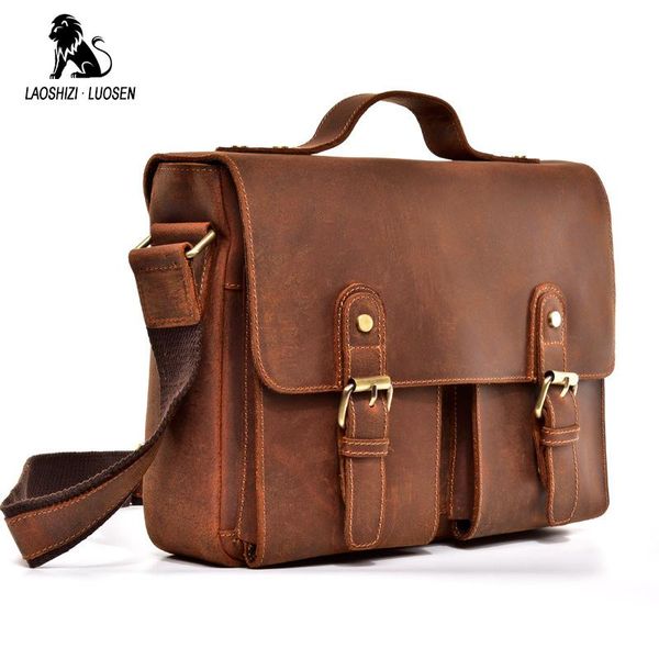 

grade male briefcase men's vintage real crazy horse leather messenger shoulder portfolio lapbag case office handbag