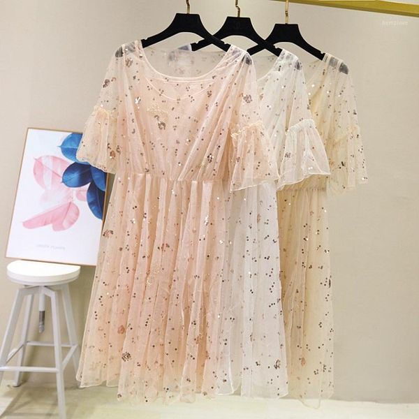 

women bead half butterfly sleeve zipper loose a-line o-neck fake two pieces size solid pink white beige sequined 991591, White;black