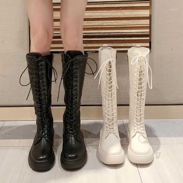 

boots women's long white black knee high 2021 british style knight lace up1