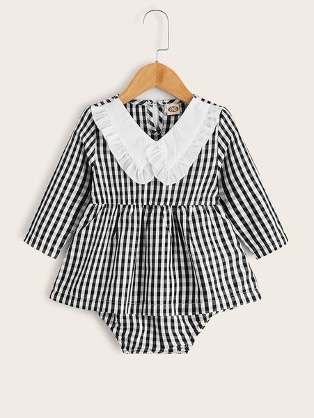 

baby 1pc gingham print ruffle trim combo bodysuit dress she, Red;yellow