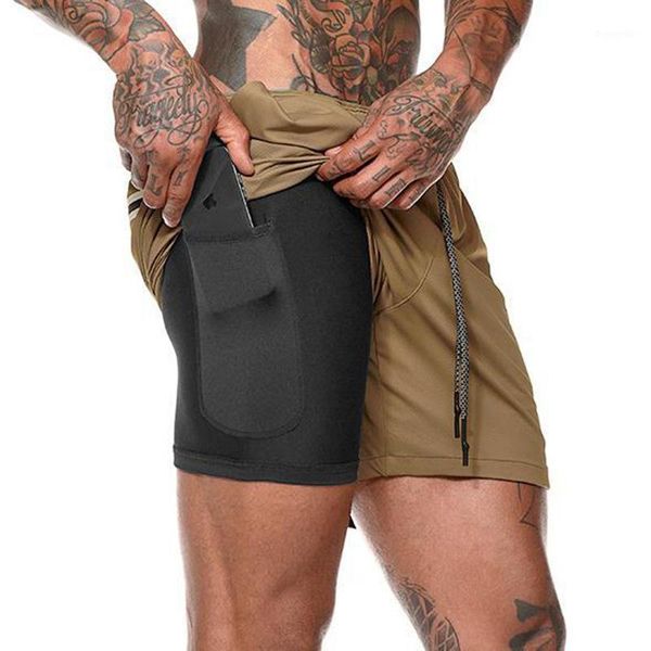 

running shorts men gym workout shorts fitness sportswear double layer trousers underwear sport men training short pocket1, Black;blue