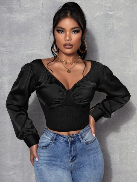 

sxy bishop sleeve waffle knit crop l6va#, White