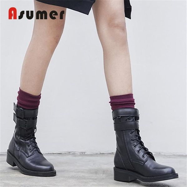 

boots asumer 2021 cow genuine leather female buckle square low heel black autumn punk women's ankle
