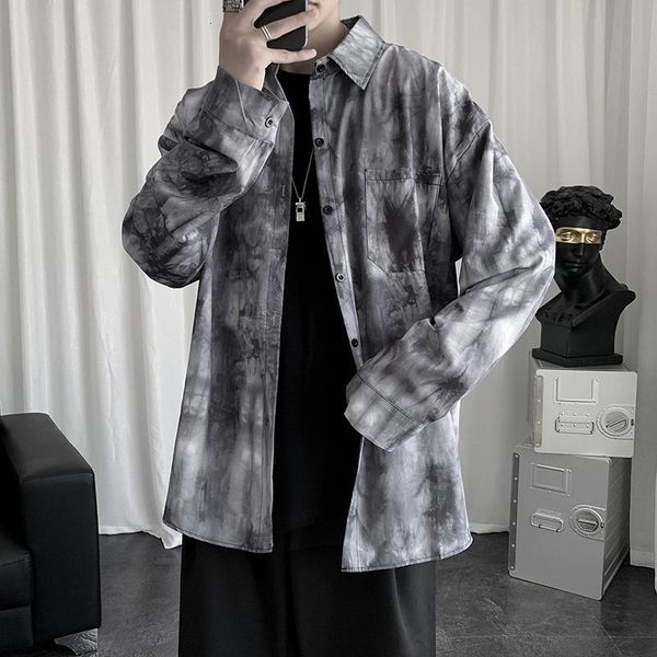 

autumn tie-dye men's fashion retro casual men streetwear wild loose long-sleeved mens korean shirt -2xl, White;black