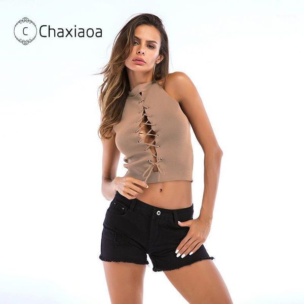 

chaxiaoa bandage tank slim crop vest solid harajuku korean female off shoulder knitted cotton summer women x2411, White