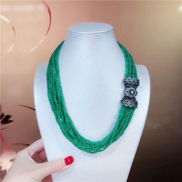 

hand knotted natural dongling faced green stone beads multilayer micro inlay zircon flower basket clasp necklace sweater chain, Silver