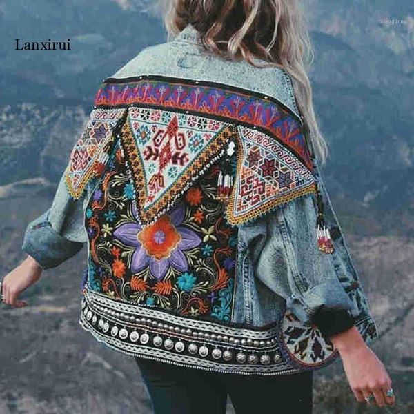 

ethnic vintage denim jackets turn-down collar chic back beading floral embroidery denim coats long sleeve women jeans jackets1, Black;brown