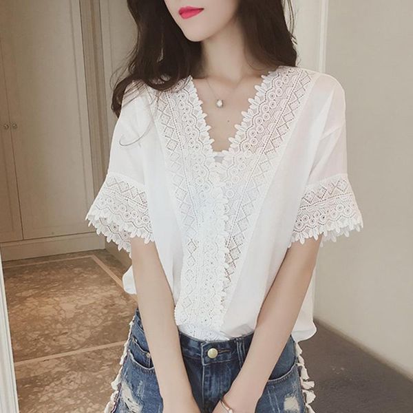 

missky women summer blouse solid color casual simple v neck short sleeve shirt lace hollow loose all-match female clothes, White