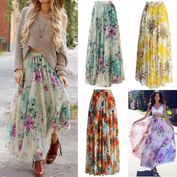 

summer skirt high waist chiffon print bohemian ankle length womens floral jersey gypsy long maxi full skirt beach sun, Black