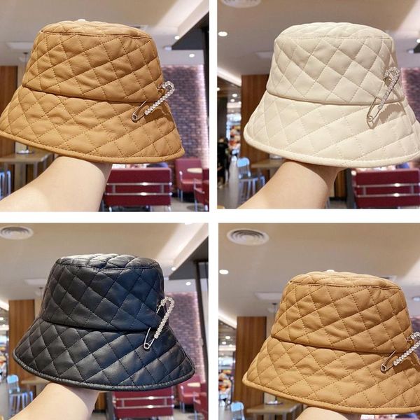 

punk style diamond pattern faux leather bucket hat solid color shiny rhinestone metal pin panama fisherman cap, Blue;gray