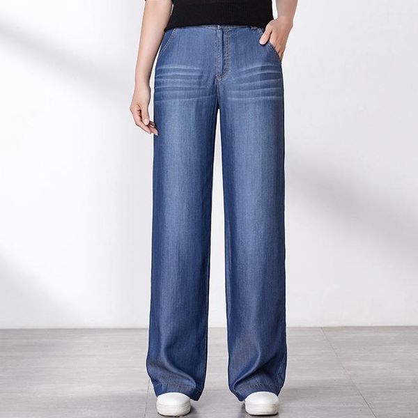 

2020 summer tencel denim jeans pants women big yards straight elastic band high waist straight jeans female plus size da3141, Black;white