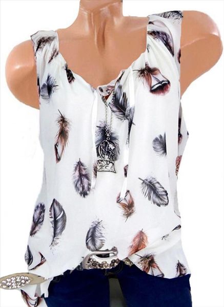 

женская блузы summer tops 5xl plus большой размер blusa новый досуг блуза tops белый сыпучие перо печати v шеи без рукавов, White