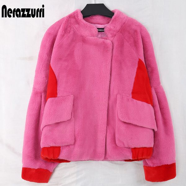 

nerazzurri overisized faux fur coat women long sleeve pockets warm loose fluffy rabbit fur jacket plus size winter clothes women 201029, Black