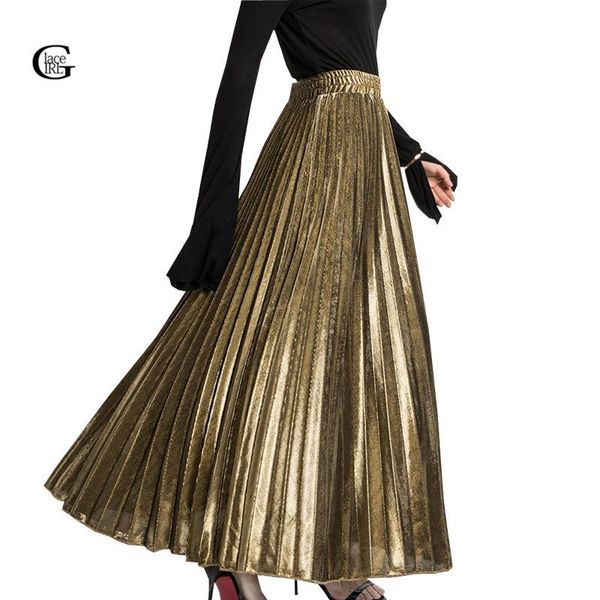 

skirts lace girl 2021 spring pleated long for women skirt fashion gold silver vintage metallic maxi formal party, Black