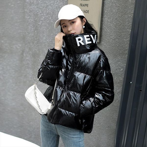 

вниз пальто женщины 2020 новая зимняя куртка корейских короткие блестящая сыпучие моды письмо стенд воротник толстые верхняя одежда теплый l, Black