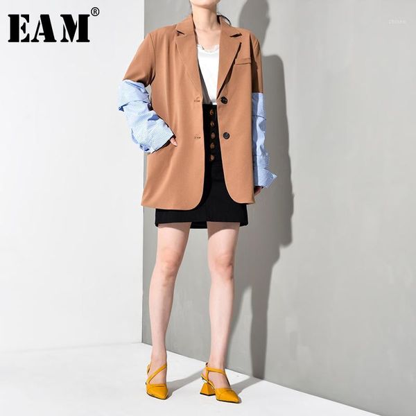 

eam] loose fit sleeve blue striped contrast color jacket new lapel long sleeve women coat fashion autumn winter 2019 ji825041, Black;brown