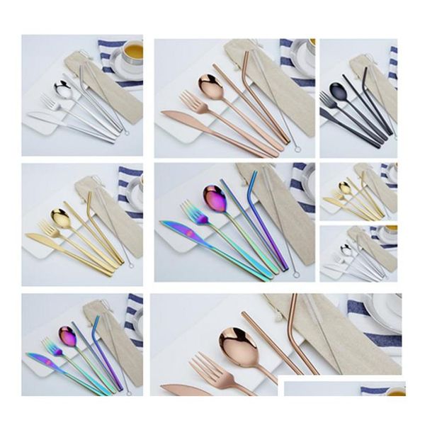 

new pcs 1set stainless steel cutlery set knife fork spoon straw with cloth pack kitchen dinnerware tableware kit flat jllbun bdefight